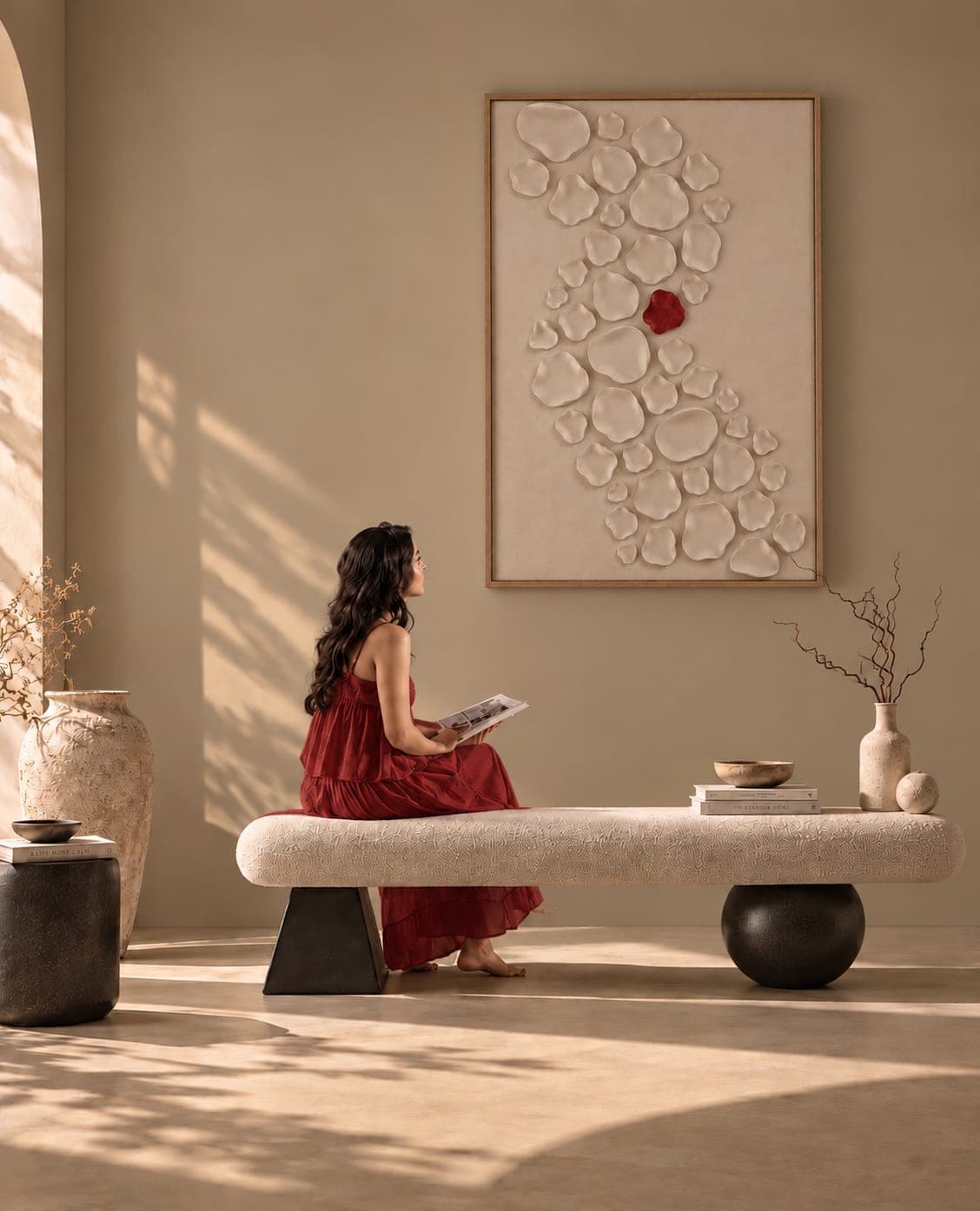 A woman in a red dress on a stone bench, looking up at The Living Mark in a sunlit room