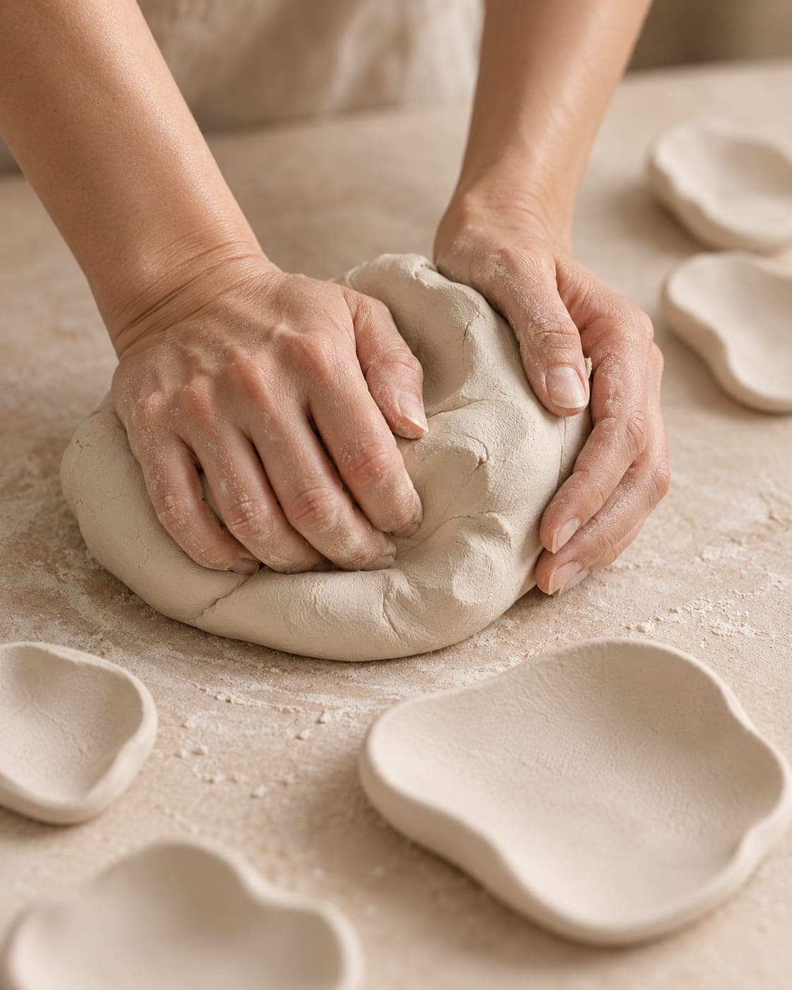 Two hands working a mound of raw clay on a dusted table, cut forms resting beside it