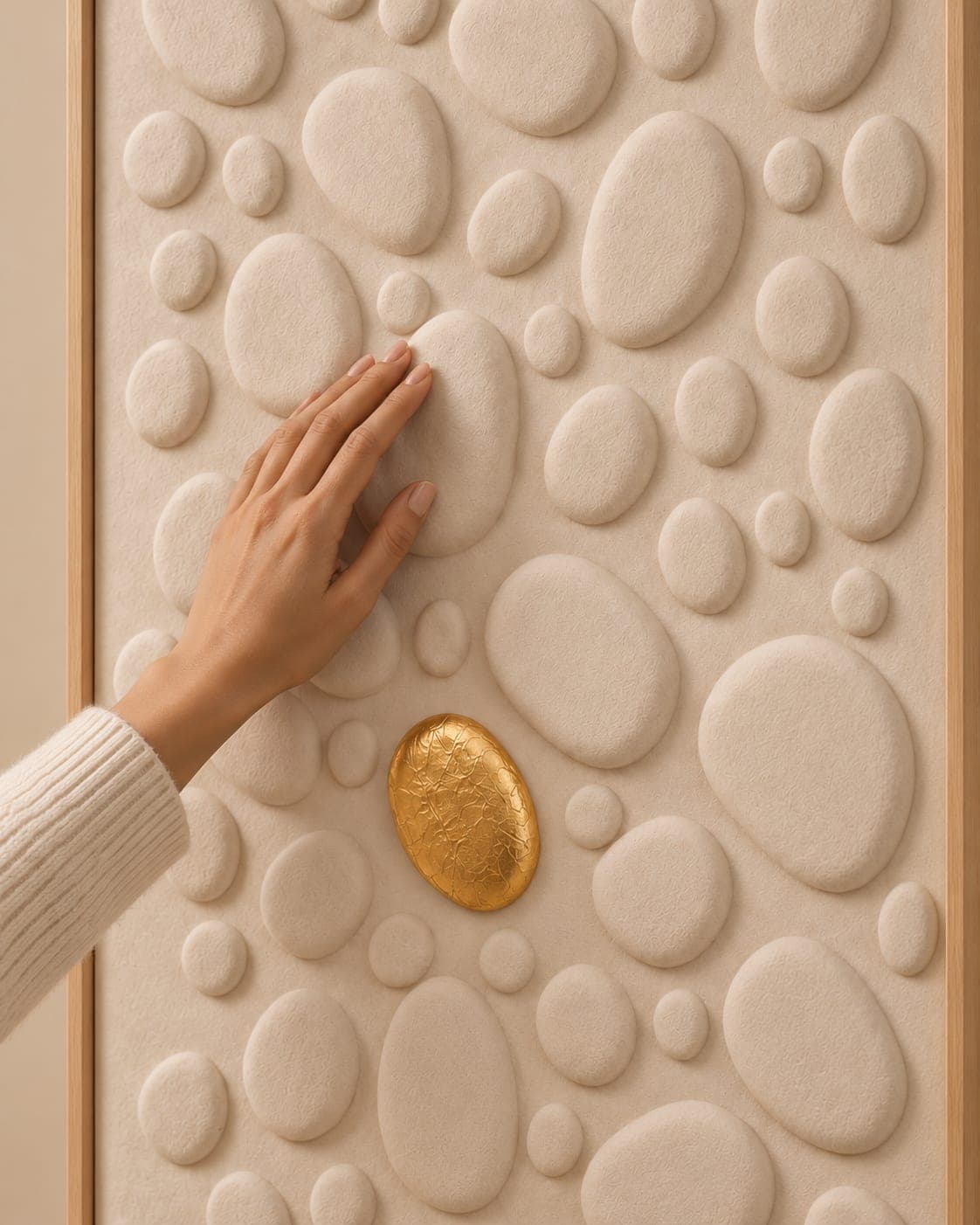 A hand pressed flat against a finished relief of pale stones, one of them gilded