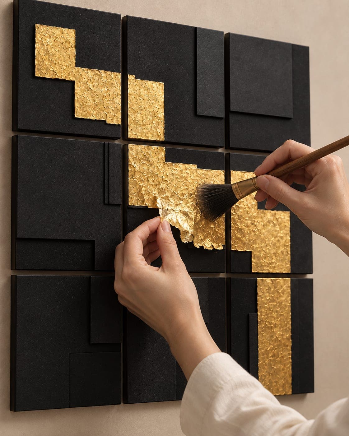 Gold leaf being brushed onto the raised black blocks of a nine-panel piece